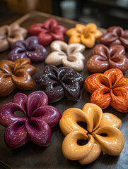 Fototapeta premium Colorful wooden flower sculptures on table