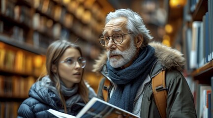 Inquisitive young student and mature man engaging over an open book in a library, AI generated