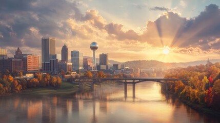 Fototapeta premium Nashville, Tennessee, USA skyline over the Cumberland River at golden hour.