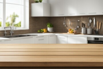 Bright minimalist kitchen with white cabinets, wooden countertops, and house plants, featuring kitchen utensils, AI generated