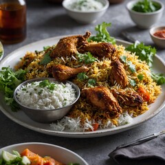 chicken and rice rendang, served with ketupat lebaran, dan sayur labu siam. Fried hot pot beef with rice on a plate, a little but if salad and corander. copy space for text.