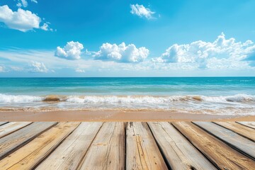Fototapeta premium Wooden planks overlook a tranquil beach scene. Ideal for travel, vacation, or summer themed projects.