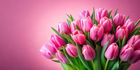 Obraz premium Pink Tulips Bouquet on Pink Background, Copy Space, AI Photo