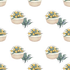 seamless pattern with yellow tulips on a white background . For Easter and spring decor, textile, fabric, packaging, home decoration , creative work