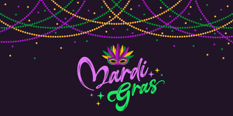 Happy Mardi Gras carnival background vector with 
Mardi Gras beads, border, calligraphy, logo, mask, clip art, illustration for Mardi Gras festival celebration, 
decorations, web, ads & social media
