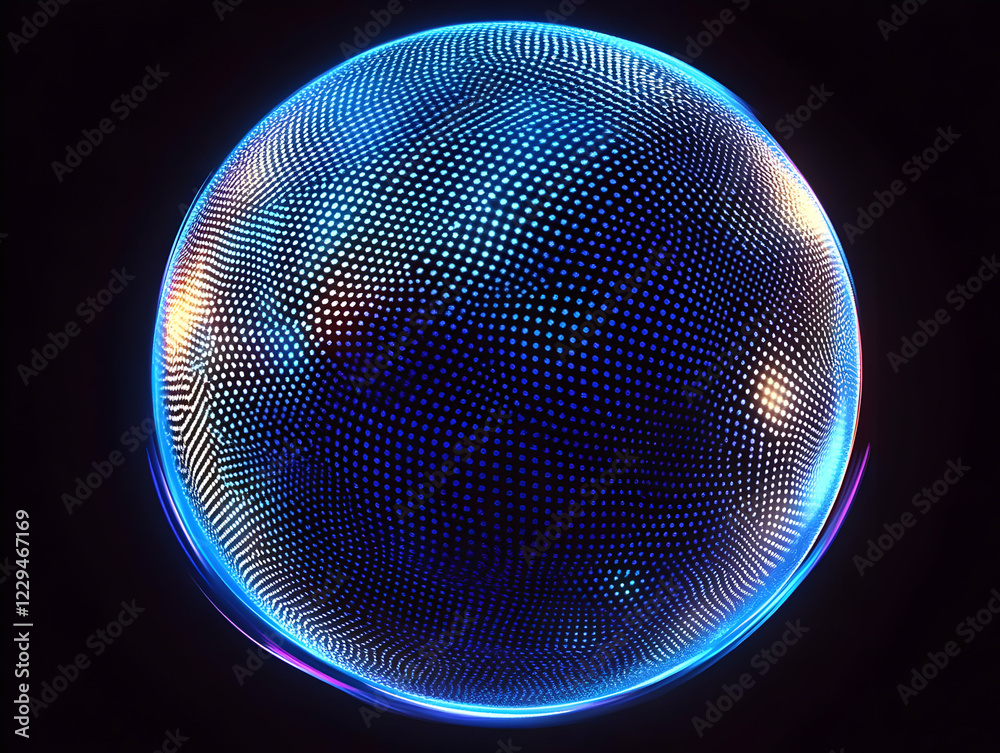 Poster abstract 3d sphere with glowing dots pattern on a dark background forms an abstract digital art.
