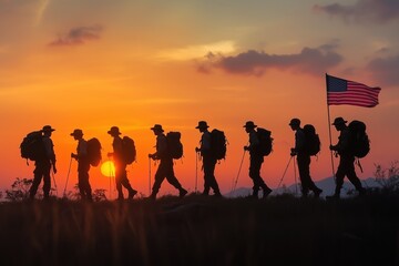 A group of Boy Scouts stands proudly outdoors at sunset, holding the American flag high