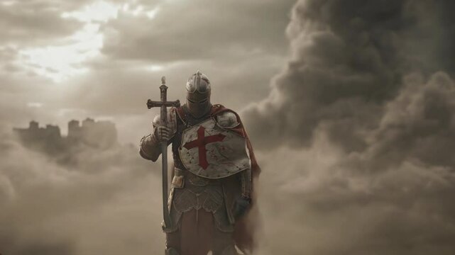 Medieval crusader Warrior with armour and red cross. Cloud smoke on Background