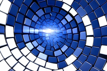 Naklejka premium Abstract 3D Blue and White Tiles Spiral Inward with a Bright Center and Glossy Finish