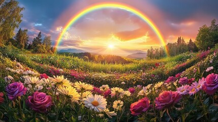 Vibrant Rainbow Over a Colorful Flower Field at Sunset