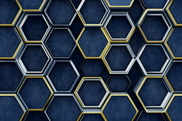 3D Rendered Hexagonal Pattern with Gold and Silver Accents on Blue Textured Background