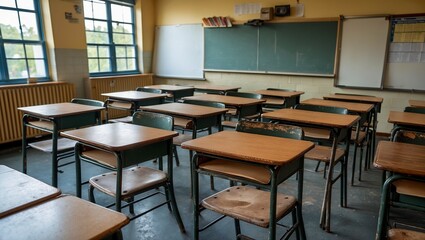 Abandoned classroom with empty desks awaiting students