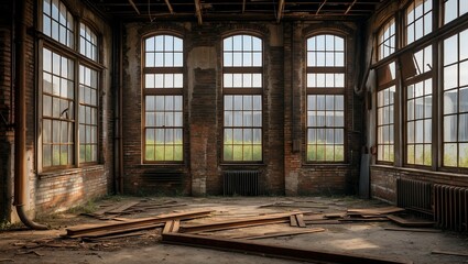Fototapeta premium Abandoned industrial room bathed in natural light