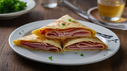 Close-up view of a realistic folded triangle crepe filled with ham and cheese on a plate