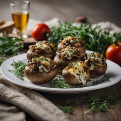 A plate of stuffed mushrooms with parsley on top. The mushrooms are arranged in a neat row and are garnished with parsley Stuffed mushrooms on a rough wooden surface