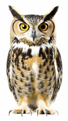 Naklejka premium Majestic Owl Poses with Intense Gaze on White Background in a Studio Photo