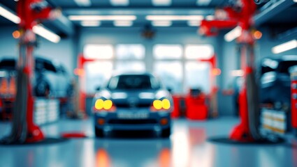 Abstract blurred automotive service center interior