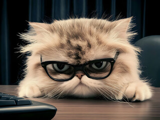 Fluffy Cat Wears Glasses, Sits at Desk, Ready to Work with Keyboard and Mouse Nearby