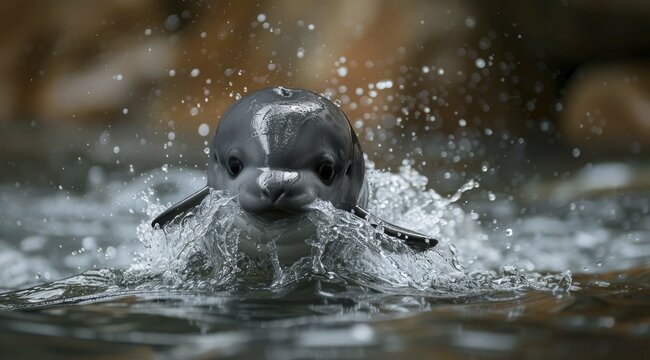 Vaquita porpoise or cochito in motion with water splashing around and drops in the air, ai generated, AI generated