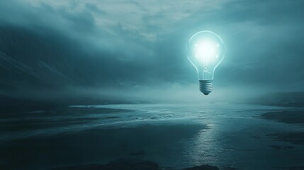 Glowing bulb over misty landscape; idea, innovation, hope