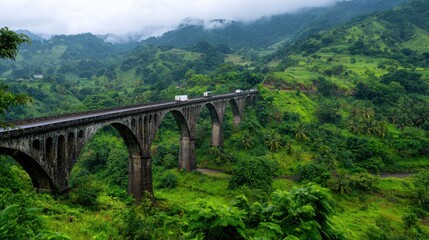Fototapeta premium A breathtaking view of a lush landscape with a majestic bridge spanning green hills under a cloudy sky.