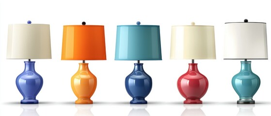 Five colorful ceramic lamps on white background for home decor