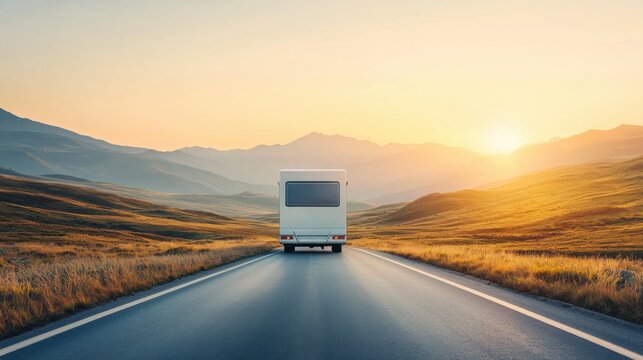 A camper van journeys along a scenic road during a golden sunset, capturing the essence of adventure and exploration.