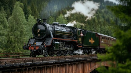 Obraz premium A classic steam train chugs along a scenic mountainous route, surrounded by lush greenery and conveying a sense of adventure.