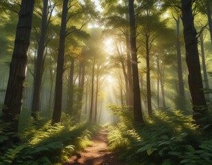 Obraz premium Dense forest of tall trees with sunlight filtering through leaves, forest, canopy