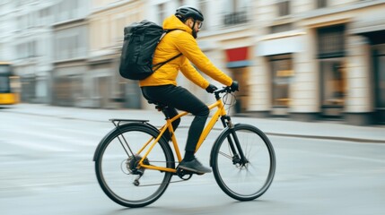 A cyclist in a yellow jacket rides confidently through a city street, showcasing urban mobility and a focus on sustainable transport.