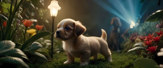 An adorable close up of a puppy observing fascinating creatures darting amid garden delights