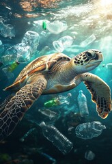 Fototapeta premium A Sea Turtle Swimming Amidst Plastic Waste Highlighting Ocean Pollution and Environmental Impact on Marine Life