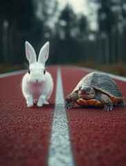 A Playful Rabbit and a Tortoise on a Running Track Surrounded by Trees in a Beautiful Natural Setting During Daylight