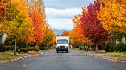 A delivery truck moves through a suburban street adorned with vibrant autumn foliage and cloudy skies, embodying seasonal change.