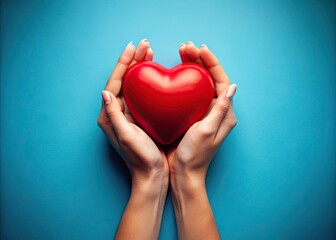 Obraz premium Red Heart Held in Hands - Rule of Thirds Blue Background AI Photo
