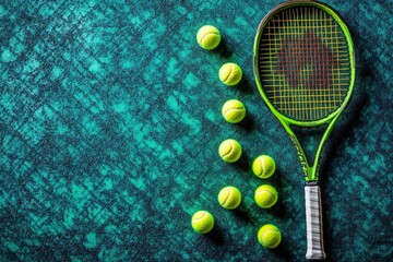 Vibrant Green Tennis Racket With Yellow Balls On Textured Background