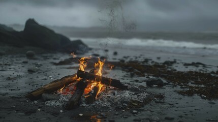 A campfire on a rocky beach under a cloudy sky with the ocean in the background, AI generated