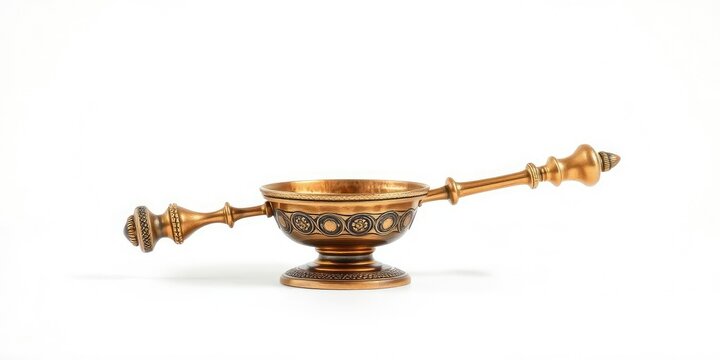 Detailed brass cezve on a stark white background with subtle highlights, antique, brassy cezve