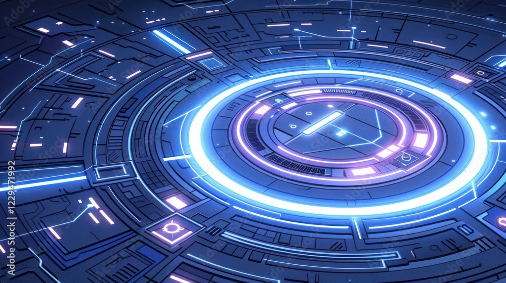Poster futuristic digital interface with glowing elements and intricate patterns in a tech environment