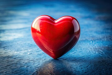 Fototapeta premium Red Heart on Blue Background AI Photo, Glossy Heart, Copy Space