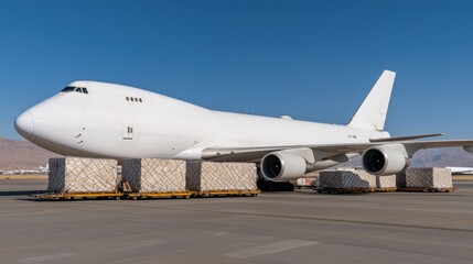 Obraz premium A large white cargo airplane parked on a sunny tarmac, loaded with multiple pallets, under a clear blue sky.
