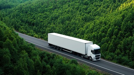 A large white truck travels through a lush forest landscape on a smooth highway, showcasing transportation and scenic beauty.