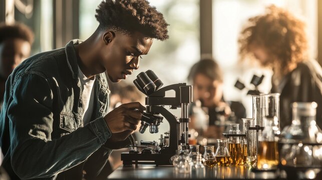 Group of college students performing experiment using microscope in science lab. University focused student looking through microscope in biology class. High school girl examine samples during lecture