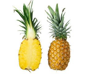 A close up of a whole pineapple and a cut pineapple. The cut pineapple is showing the inside of the...