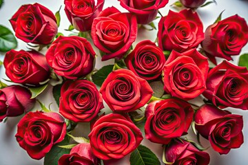 Naklejka premium Aerial artistry: overhead shot of vibrant red roses, elegantly isolated against a pristine white.