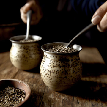 Argentinian mate set with gourd (kalebas), yerba mate, and bombilla, bathed in warm light.