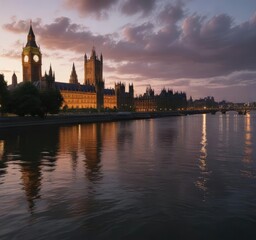 Obraz premium Dusk on the River Thames with the Parliament Buildings towering above, shadowed by clouds, evening sky, thames river