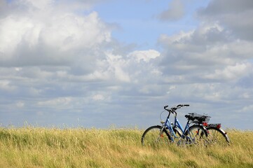 Two bicycles on the salt marshes of Hamburger Hallig, North Frisia, Schleswig-Holstein, Germany,...