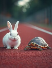Adorable Rabbit and Colorful Turtle on Track in Natural Setting Captivating Contrast of Speed and Steadiness in a Playful and Whimsical Scene
