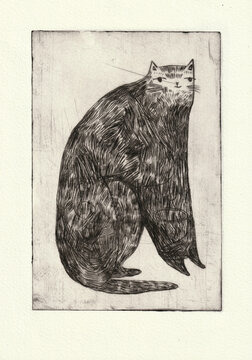 A portrait of a cat in dry point technique 